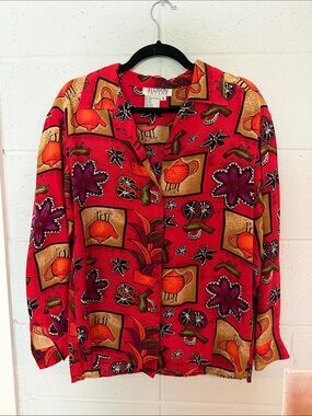 Vintage Allison Taylor Red Silk Button-Up Shirt with Multicolor Motif